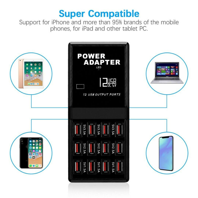 Multi Port USB Charger 12 Ports AC Adapter Travel Wall Hub Charging Station US