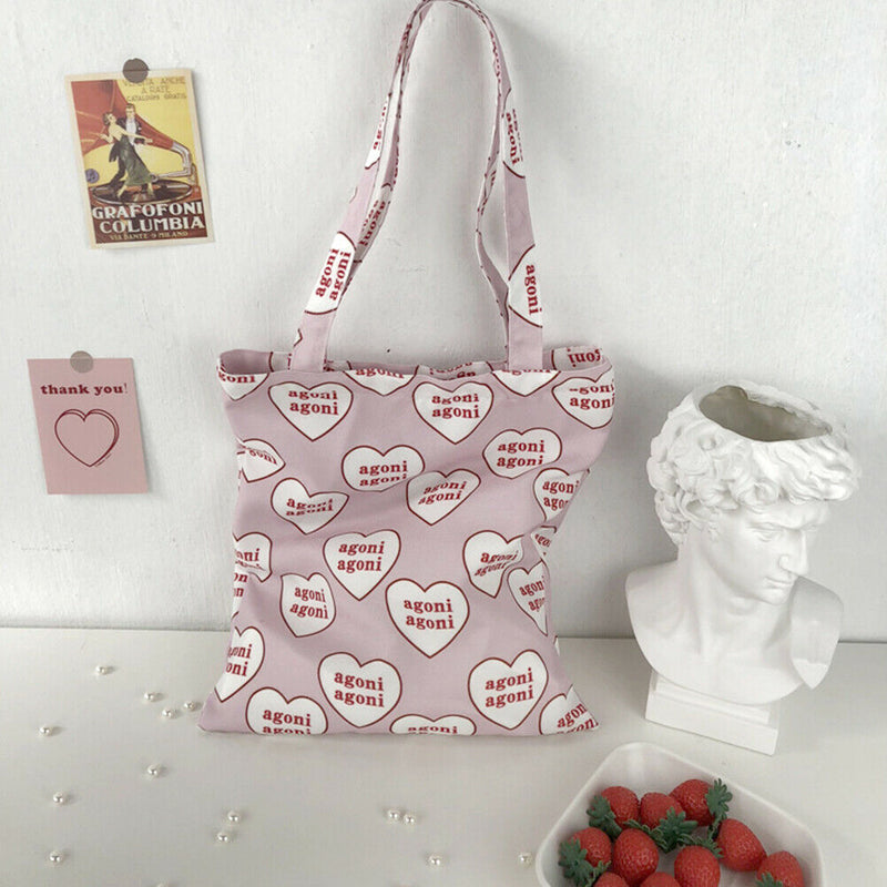 Women Canvas Handbags Tote Heart Letter Reusable Portable Shopping Shoulder Bag