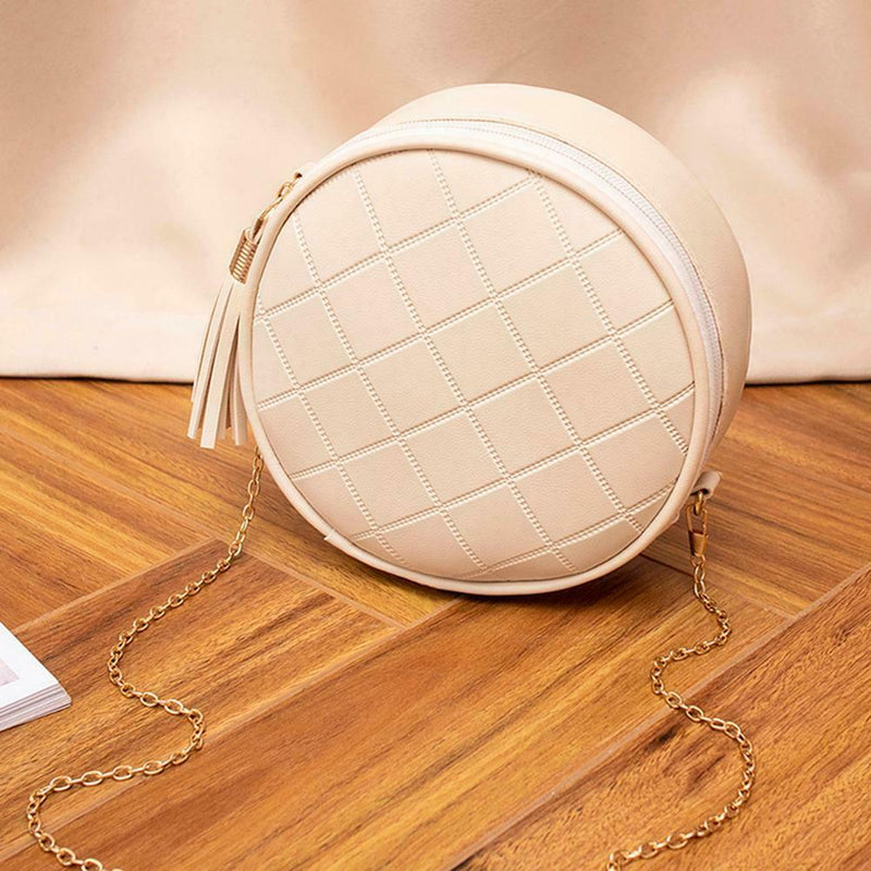 Pure Color Plaid Shoulder Handbags Women Round Tassel Crossbody Bag (Beige) A