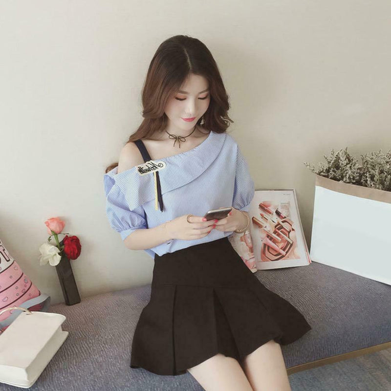 Short Sleeve Hollow Off Shoulder Strapless Stripe Women Tops (Blue XXL) A