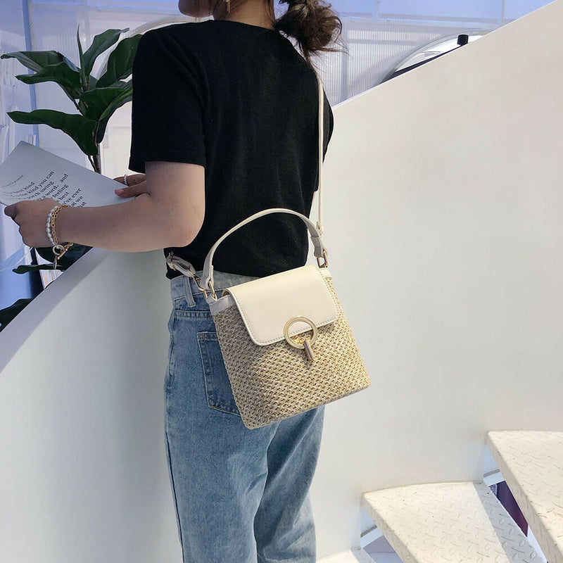 Straw Weave Women Bucket Handbags Summer Beach Totes Shoulder Bags (White)