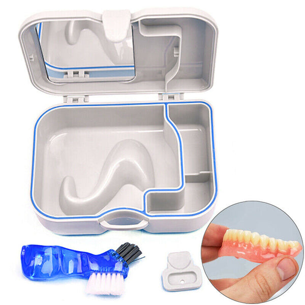Denture False Teeth Storage Box Case With Mirror & Clean Brush Dental Applia BX