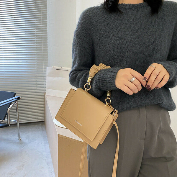 Handle Pleated Messenger Bag Women PU Solid Color Shoulder Handbags (Khaki)