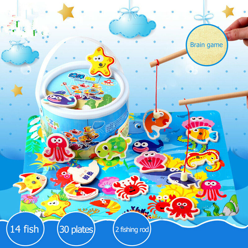 Wooden Two-Pole Sea Animal Fishing Magnetic Toys Set Early Education Game