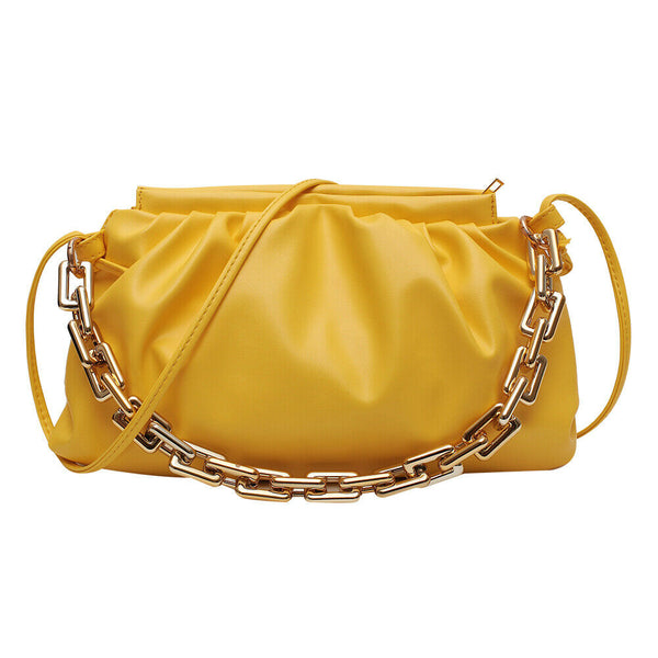 Women Pleated Shoulder Bag Chain Totes PU Cloud Messenger Handbag (Yellow)