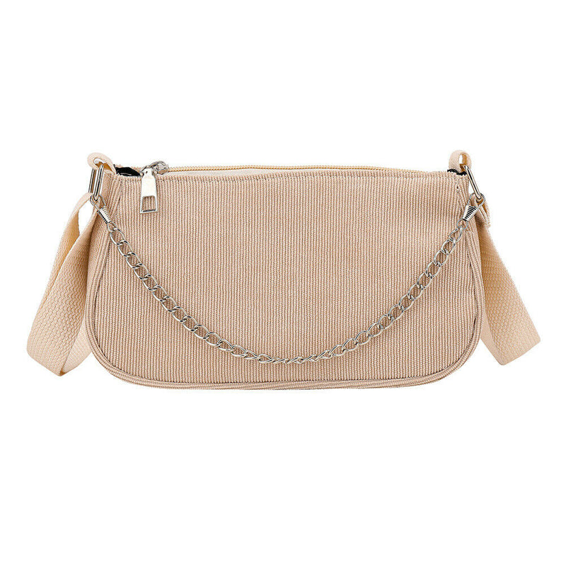 Fashion Corduroy Crossbody Bag Women Solid Chain Shoulder Handbags (Khaki)