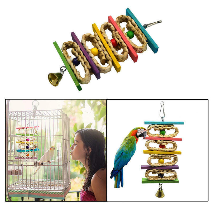 Parrot Bird Toys Natural Wooden Grass Chewing Bite Hanging Cage Bell Swing Climb