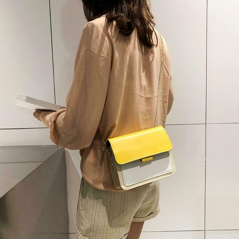 Hit Color Shoulder Handbags Women Chain Leather Flap Crossbody Bag (Yellow) A