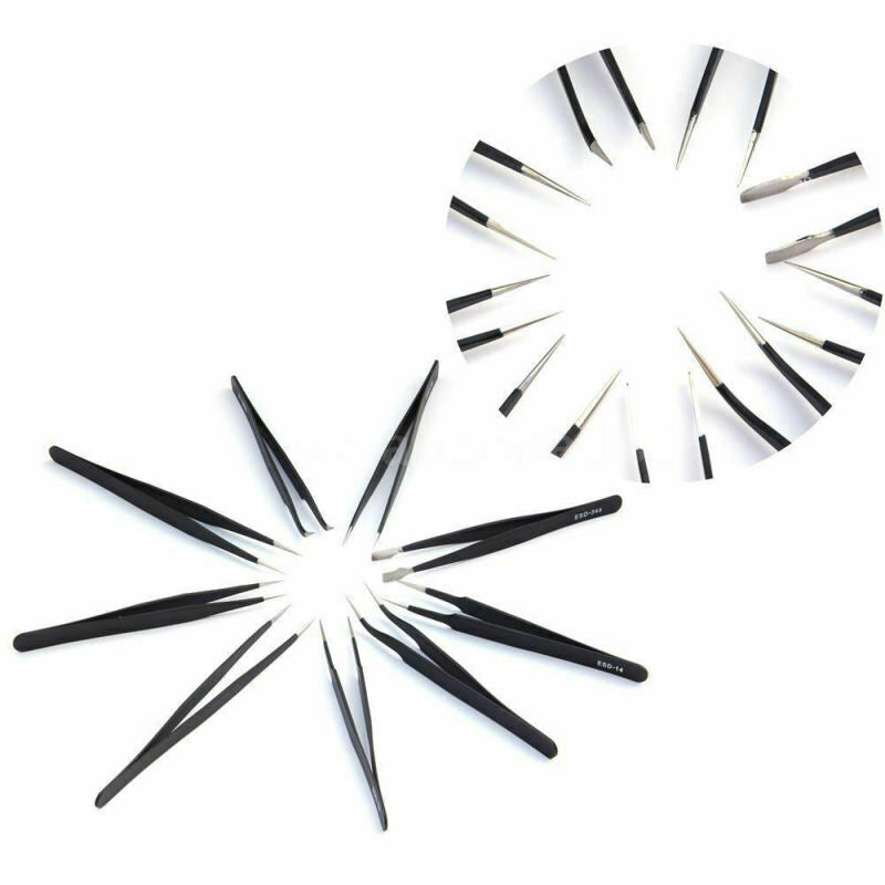 9Pc Precision ESD Anti-Static Stainless Steel Tweezers Kits for Electronic
