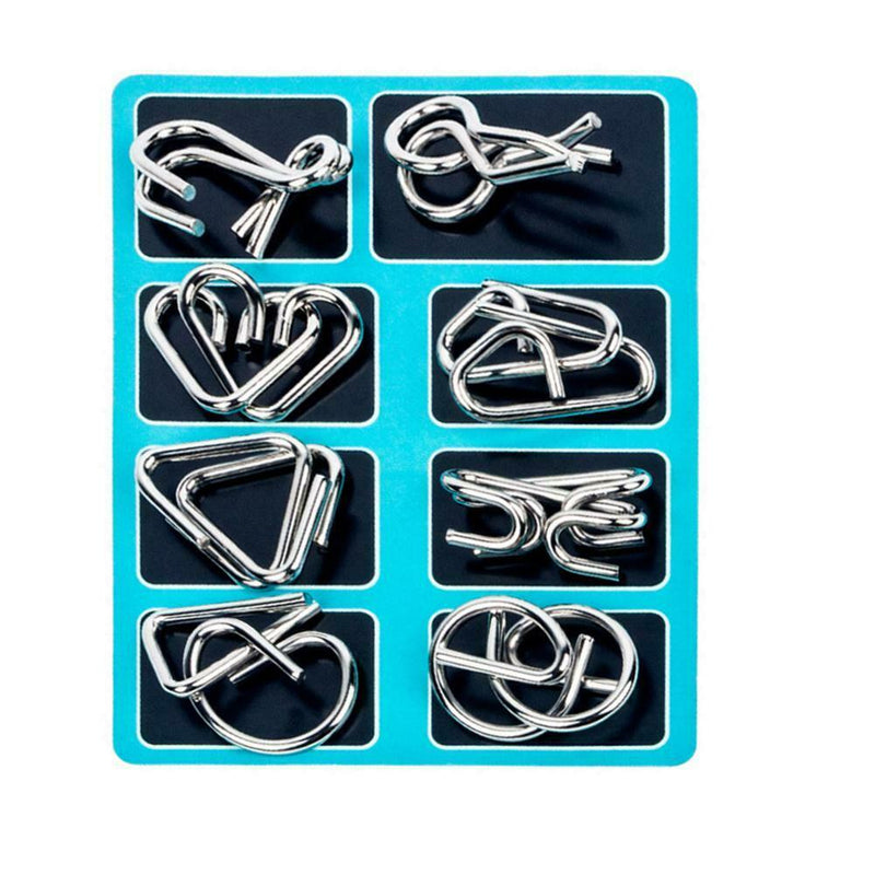 8pcs Stress Reliever Toys Blue Metal IQ Mind Montessori Brain Teaser Puzzle