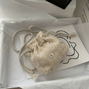 Women Woven Shoulder Handbag Drawstring Daisy Beach Crossbody Pouch (White) A