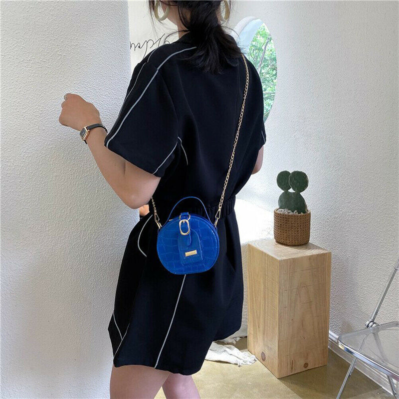 Mini Round Tote Shoulder Bag Women Leather Chain Messenger Purse (3 Blue) A