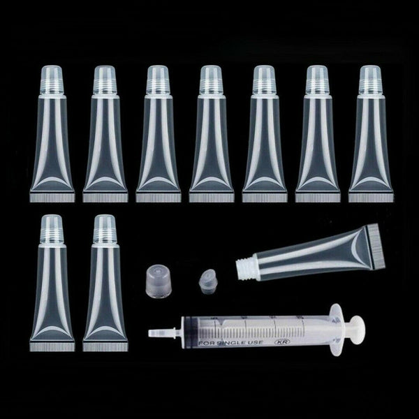 10 X 8ml Lip Gloss Balm Clear Empty Tubes Cosmetic Containers+3pcs Syringes Kit
