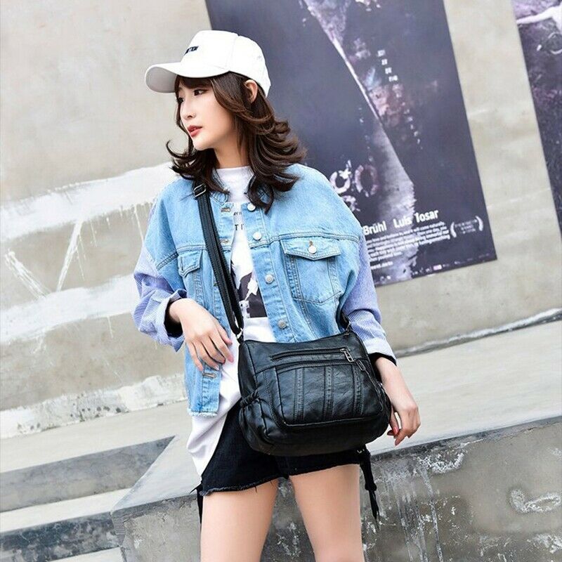 Fashion Women Crossbody Bag Black Soft Washed Leather Shoulder Bag Patchwor N3A9