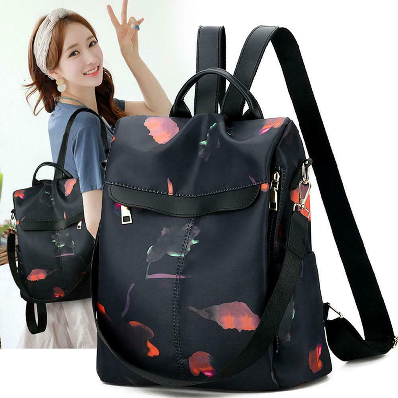 Women Print Black Nylon Backpack Anti Theft Girls Travel School Shoulder Bag