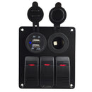 3 Gang LED Rocker Switch Panel + Dual USB Socket Circuit Breaker Marine Boat