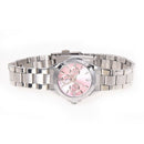 Lady Quartz Wrist Watch Wristwatch Round Pink Rhinestone Dial Steel Band