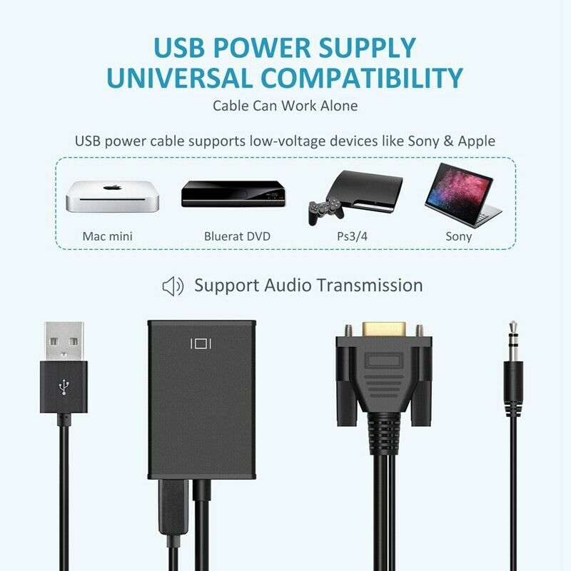 VGA To HDMI Output 1080P HD Audio TV AV HDTV Video Cable Converter Adapter X2U4