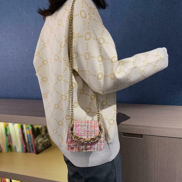 Women Woolen Messenger Shoulder Bags Mini Totes Flap Chain Handbag (Pink)