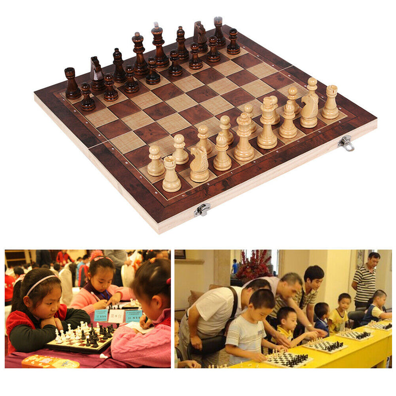 3 in 1 Wooden International Folding Chess Set Board Game Fun Toys (34x34cm)
