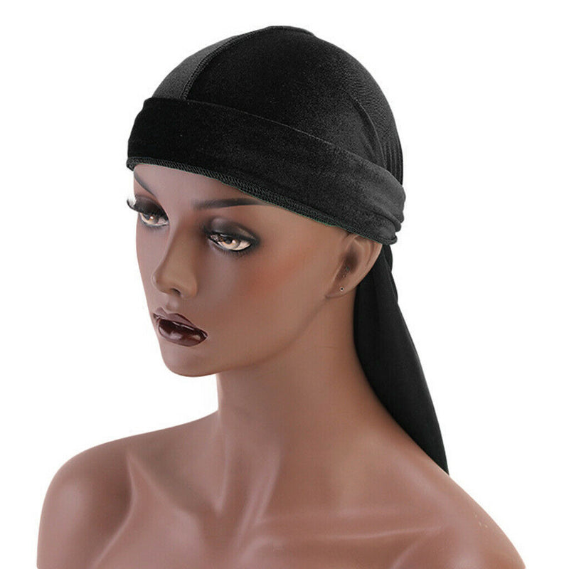 2pcs Mens Elegant Velvet Bandana Hat Long-Tail Muslim Headwear Beanie Cap