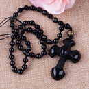 Natural Black Obsidian Carved Cross Lucky Pendants Beads Necklace Charm