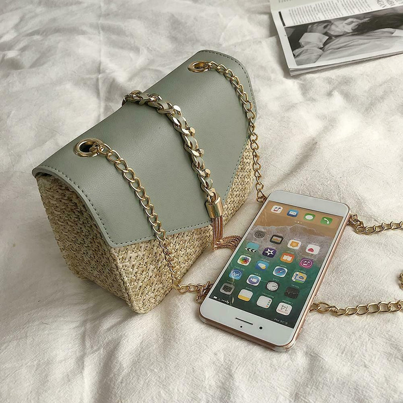 Straw Leather Women Messenger Bag Small Flap Purse Shoulder Handbag (Green)
