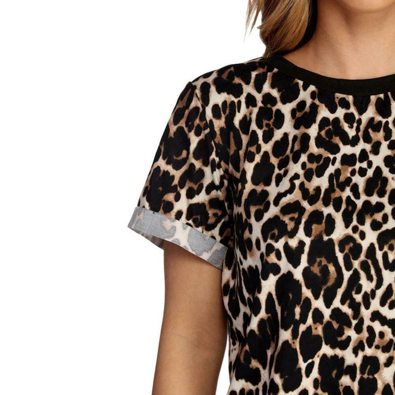 Chiffon Women T-Shirt Short Sleeve Leopard Fashion Summer Tops (M)