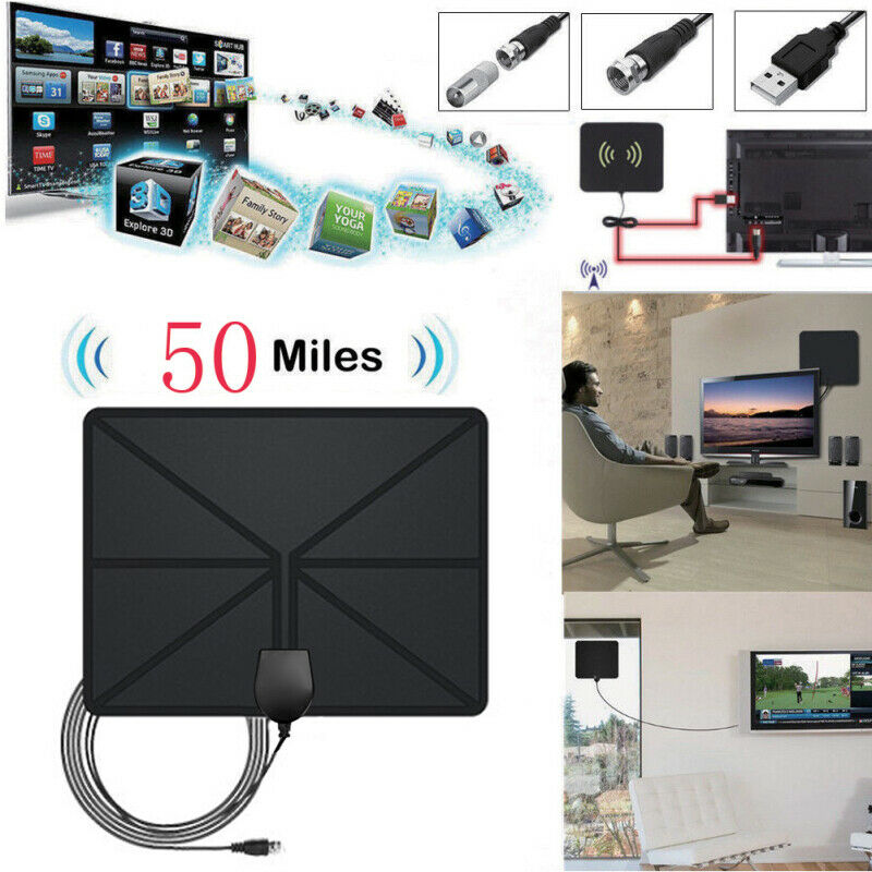 Flat Indoor Digital TV Antenna 50 Mile Range Signal Booster Amplifier H NDN