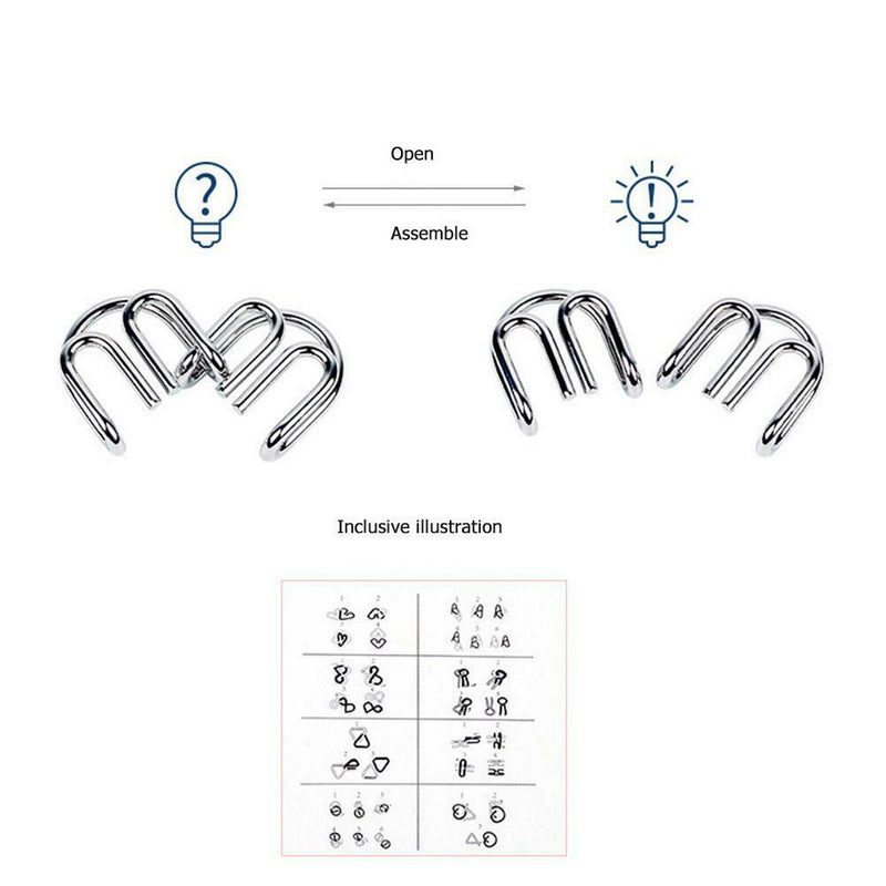 8pcs Stress Reliever Toys Blue Metal IQ Mind Montessori Brain Teaser Puzzle