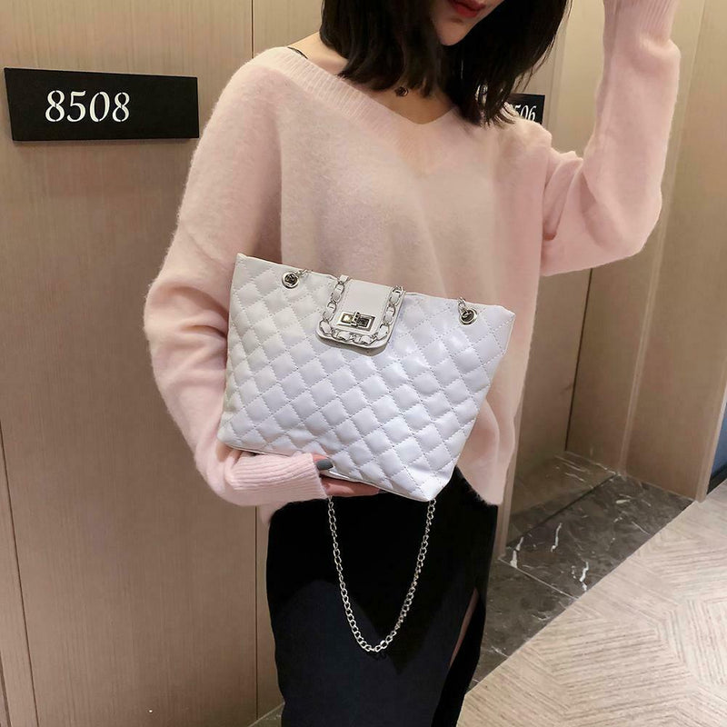 Solid Color Leather Handbags Women Large Capacity Shoulder Bag Tote (White)