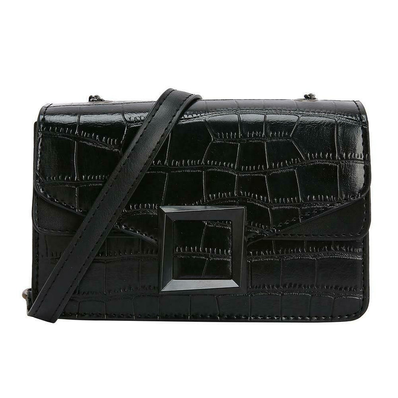 Retro Messenger Bags Women Crocodile Leather Small Shoulder Handbag (Black)