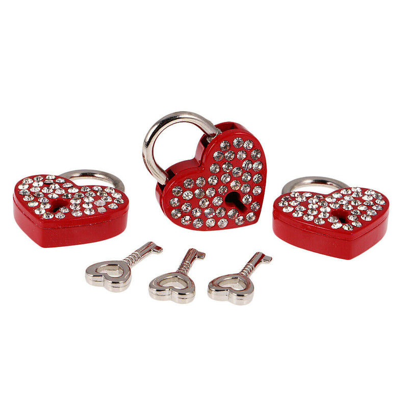 3 Pieces Diamante Heart Shape Padlock With Key Travel Locker Set Pendant Red