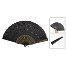 Black Plastic Frame Embroidery Floral Detail Folding Hand Fan Z9Y4