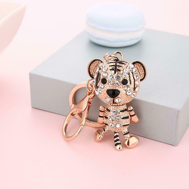 Shining Women Cute Tiger Elegant Rhinestones Keychain Rings Car Bag Pendant