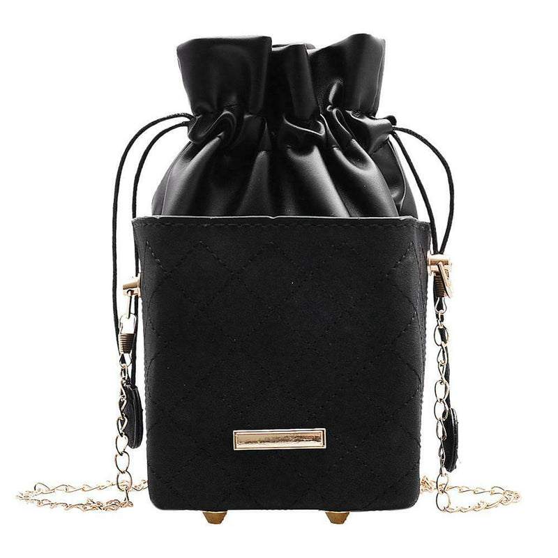 Elegant Leather Messenger Bag Women Shoulder Drawstring Handbag (Black)