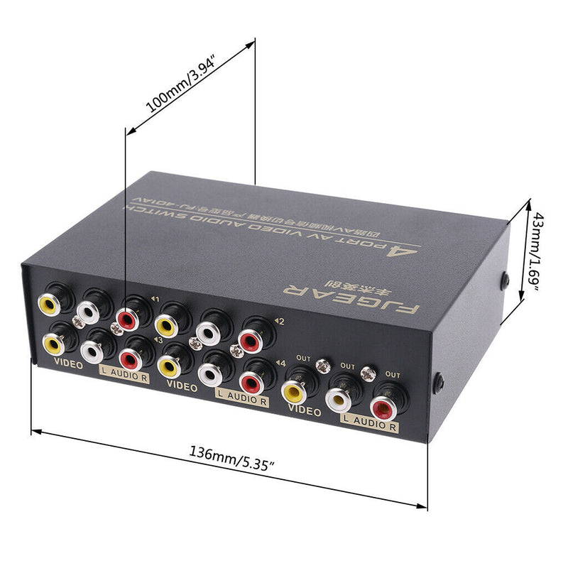 4 Port AV Audio Video RCA 4 Input 1 Output Switcher Switch Selector Splitter Box