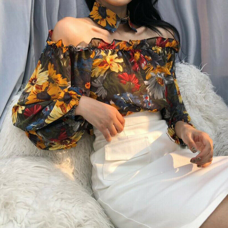 Women Floral Print Tops Off Shoulder Long Sleeve T-Shirts Tunic Tee Shirts- Bj