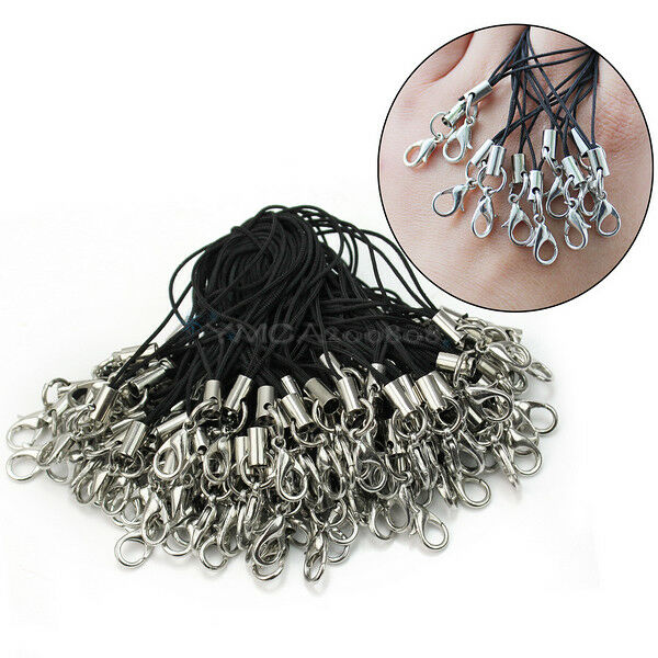 100pcs Black Mobile Cell Phone Charm Nylon Lanyard Cords With Lobster Clasps New