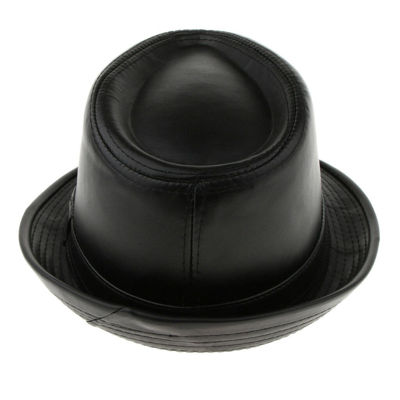 Unisex Retro Faux Leather Pork Pie Hat Classic Gentleman Flat Top Fedora Cap