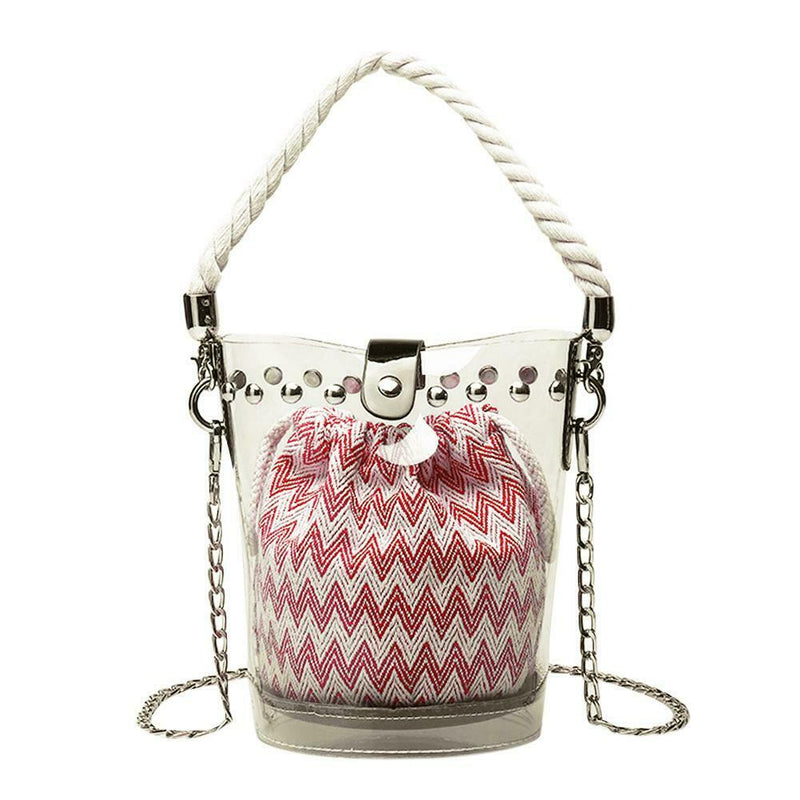 Women PVC Chain Handbag Clear Rivet Beach Shoulder Messenger Bucket Bag/Red
