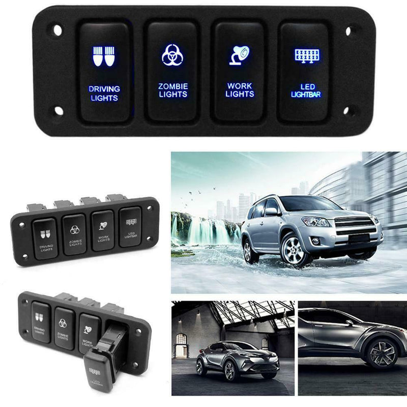 12V 4-Button Blue LED On/Off Rocker Switch Panel w/ 150mm Cable for Toyata