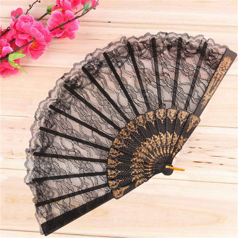 Black Spanish Style Dance Party Wedding Lace Silk Folding Hand Held Flower Fan l