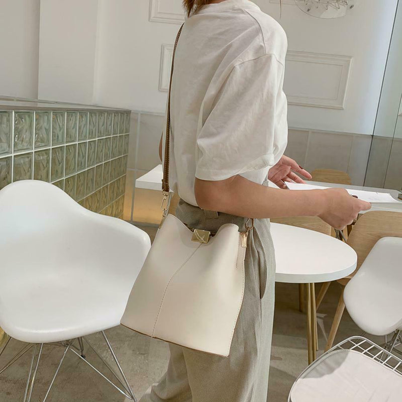 Simple Pure Women Leather Shoulder Bags Casual Messenger Bucket (White)
