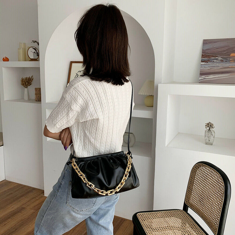 Women Pleated Shoulder Bag Chain Totes PU Cloud Messenger Handbag (Black)