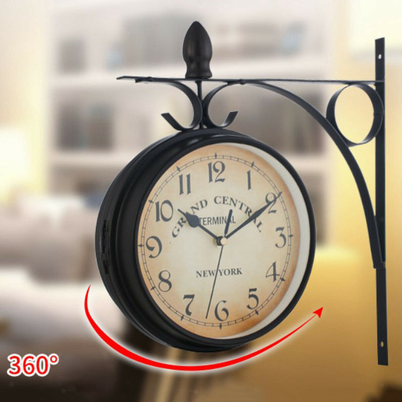 Garden Wall Station Clock Ornament Double Sided Bracket Swivels Clock