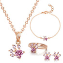 4X Footprints Paw Jewelry Set Crystal Necklace Bracelet Ring Earings Hot Gift 3C