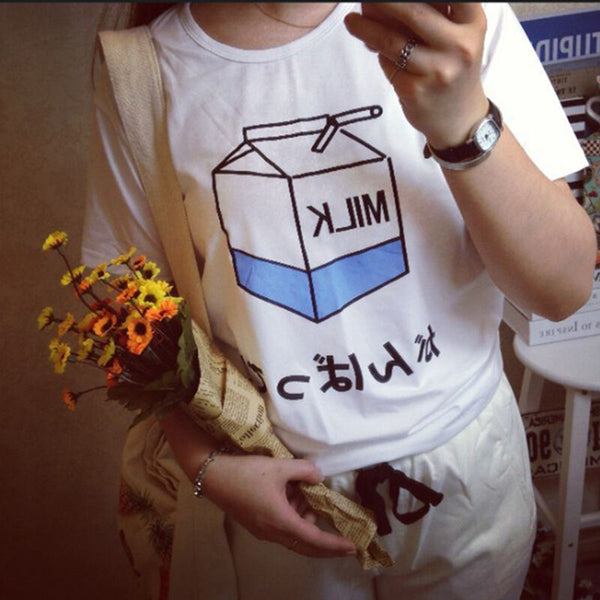 Women Summer Harajuku Cute Milk Print Loose T-Shirts Basic Tee Tops Shirt A Bj
