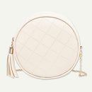 Pure Color Plaid Shoulder Handbags Women Round Tassel Crossbody Bag (Beige) A