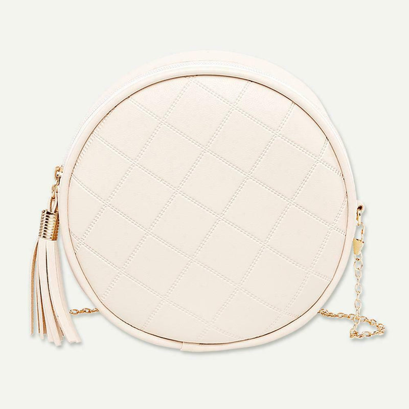 Pure Color Plaid Shoulder Handbags Women Round Tassel Crossbody Bag (Beige) A